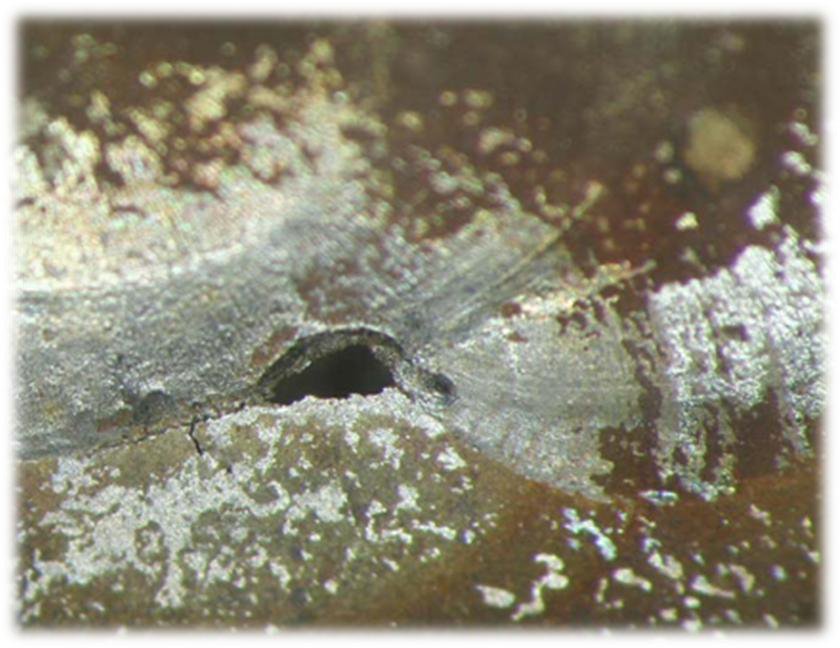 Lekkage van circa 1 mm op de smeltlijn aan de binnenzijde van de rvs 316L-leiding, vergroting 25x